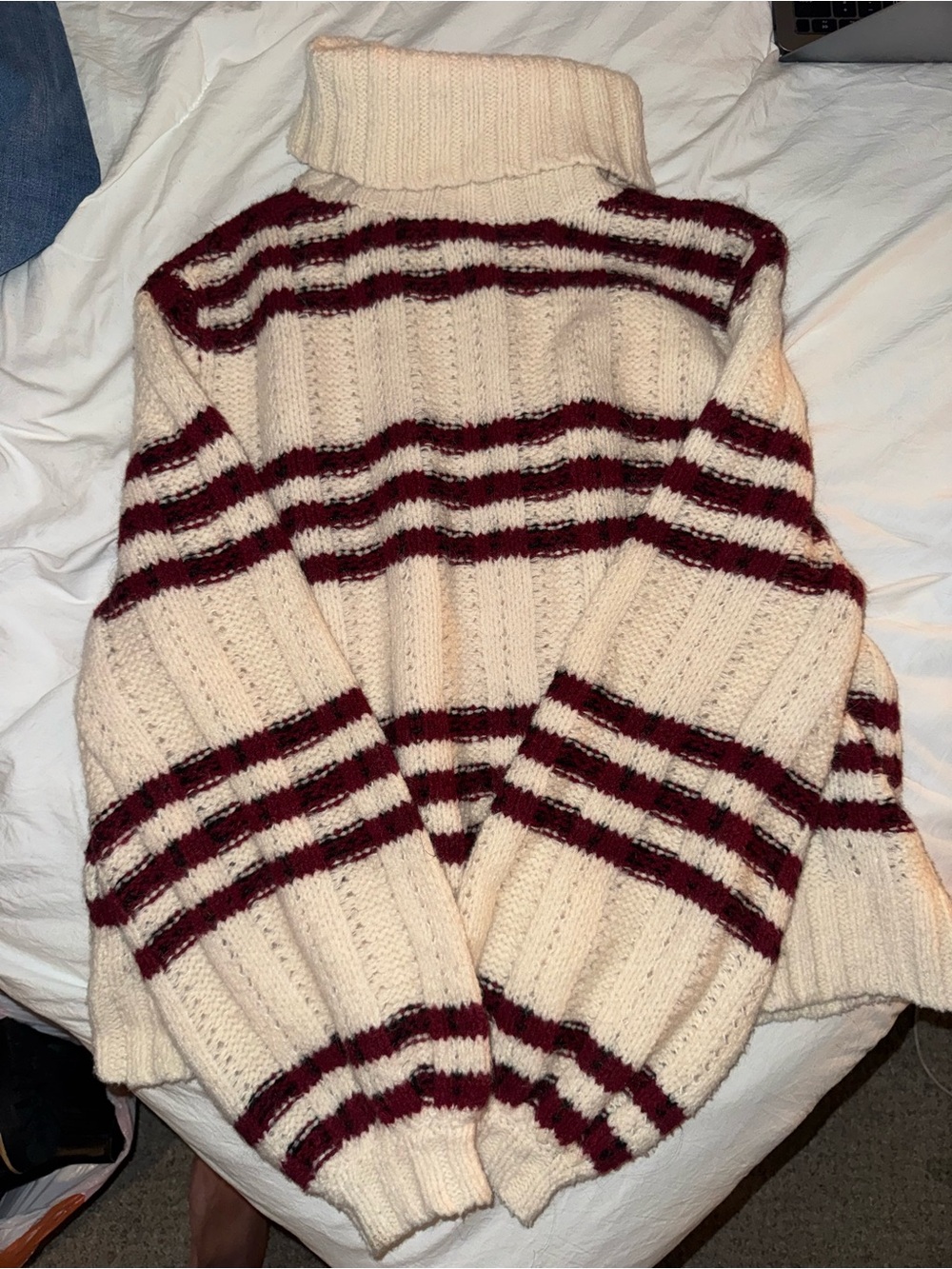 A.L.C. Cream Turtleneck Sweater with Wine Stripes